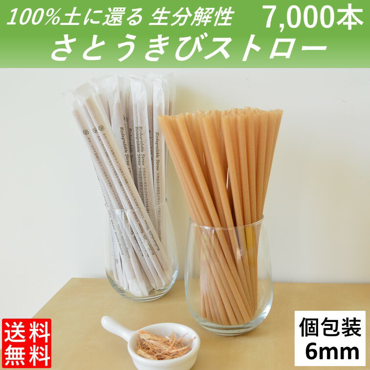 【100％土に還るストロー】 生分解性 さとうきびストロー 管径6mm 長さ210mm 7000本 紙製個別包装 カフェ バー ジュース カクテル 使い切りストロー