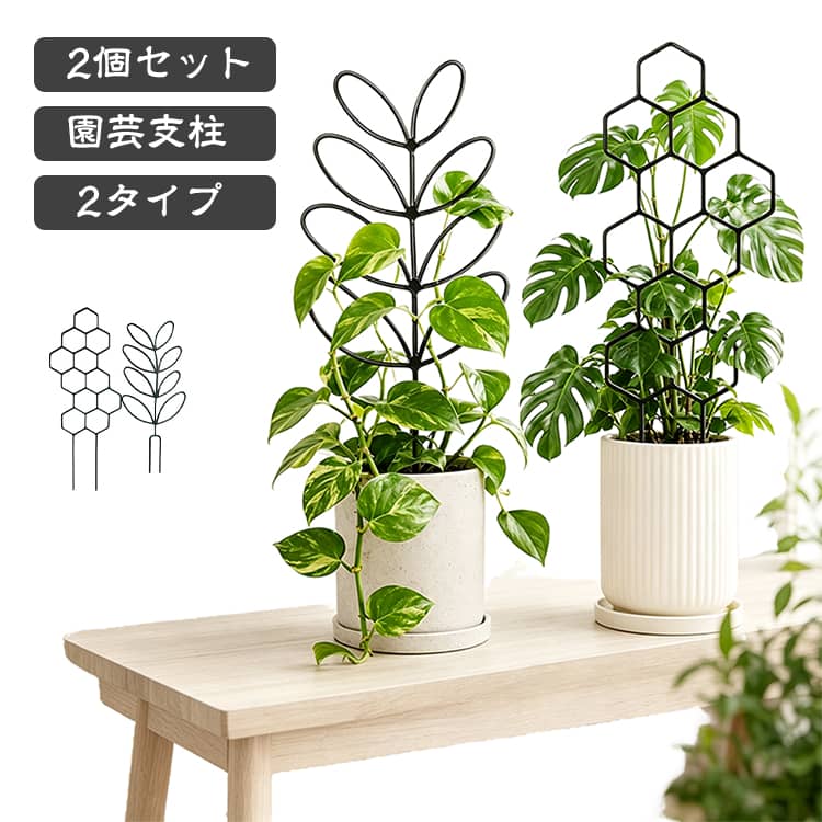 植物の成長をサポートしてくれる、金属製の園芸支柱です。2タイプ おしゃれなデザインで見た目も華やかにしてくれます♪ サイズ F サイズについての説明 サイズ：タイプA 15*38cm、タイプB 13*32cm。※実寸はメジャー採寸の為、若干の誤差が生じる場合があります。 素材 プラスチック 色 タイプA（2個セット） タイプB（2個セット） タイプA+タイプB 備考 ●サイズ詳細等の測り方はスタッフ間で統一、徹底はしておりますが、実寸は商品によって若干の誤差(1cm～3cm )がある場合がございますので、予めご了承ください。 ●製造ロットにより、細部形状の違いや、同色でも色味に多少の誤差が生じます。 ●パッケージは改良のため予告なく仕様を変更する場合があります。 ▼商品の色は、撮影時の光や、お客様のモニターの色具合などにより、実際の商品と異なる場合がございます。あらかじめ、ご了承ください。 ▼生地の特性上、やや匂いが強く感じられるものもございます。数日のご使用や陰干しなどで気になる匂いはほとんど感じられなくなります。 ▼同じ商品でも生産時期により形やサイズ、カラーに多少の誤差が生じる場合もございます。 ▼他店舗でも在庫を共有して販売をしている為、受注後欠品となる場合もございます。予め、ご了承お願い申し上げます。 ▼出荷前に全て検品を行っておりますが、万が一商品に不具合があった場合は、お問い合わせフォームまたはメールよりご連絡頂けます様お願い申し上げます。速やかに対応致しますのでご安心ください。