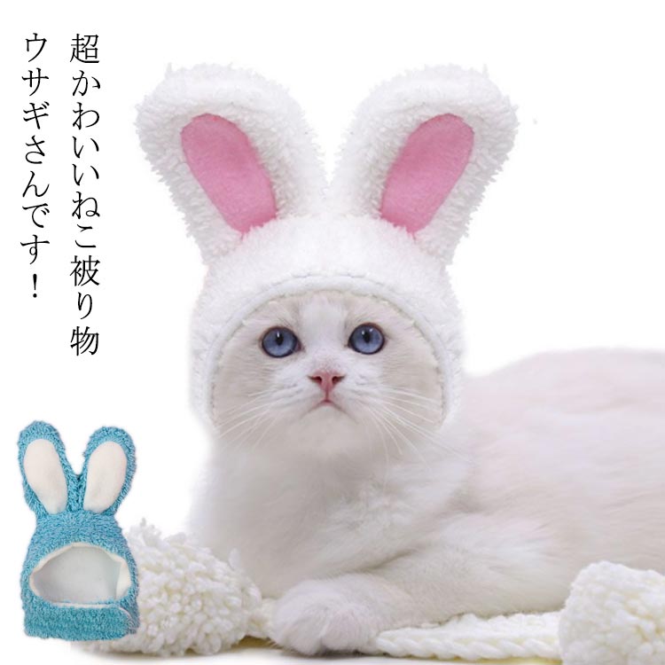 超かわいいねこ被り物 ウサギさんです！年賀状の写真撮影にピッタリ！犬・猫・小動物用のうさぎのかぶりもの。・ふわふわなウサギの質感がかわいい♪・柔らか素材、首元テープ付きで調整も簡単。・ネコちゃんやチワワ、テディ、ビションなどに。・かぶせるだけでアッという間にかわいく変身。・ふんわり柔らかいのが人気の秘密。・ユニークなコスプレでSNS映え。・2023年（令和5年）卯年、年賀状やSNSにピッタリの帽子はいかがでしょうか？ サイズ 頭周り約28～35cm サイズについての説明 頭囲約28～35cm 素材 ポリエステル 色 ホワイト ブルー 備考 ●サイズ詳細等の測り方はスタッフ間で統一、徹底はしておりますが、実寸は商品によって若干の誤差(1cm～3cm )がある場合がございますので、予めご了承ください。 ●製造ロットにより、細部形状の違いや、同色でも色味に多少の誤差が生じます。 ●パッケージは改良のため予告なく仕様を変更する場合があります。 ▼商品の色は、撮影時の光や、お客様のモニターの色具合などにより、実際の商品と異なる場合がございます。あらかじめ、ご了承ください。 ▼生地の特性上、やや匂いが強く感じられるものもございます。数日のご使用や陰干しなどで気になる匂いはほとんど感じられなくなります。 ▼同じ商品でも生産時期により形やサイズ、カラーに多少の誤差が生じる場合もございます。 ▼他店舗でも在庫を共有して販売をしている為、受注後欠品となる場合もございます。予め、ご了承お願い申し上げます。 ▼出荷前に全て検品を行っておりますが、万が一商品に不具合があった場合は、お問い合わせフォームまたはメールよりご連絡頂けます様お願い申し上げます。速やかに対応致しますのでご安心ください。