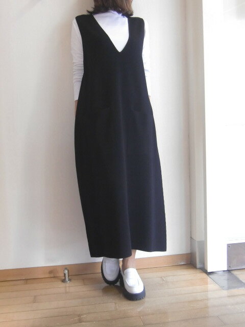 PUPULA ププラMILANO RIB ミラノリブ ジャンパースカート ワンピース Vネック Black春夏 秋 きれいめ 黒 大人 Vネック ワンピースレディース 送料無料