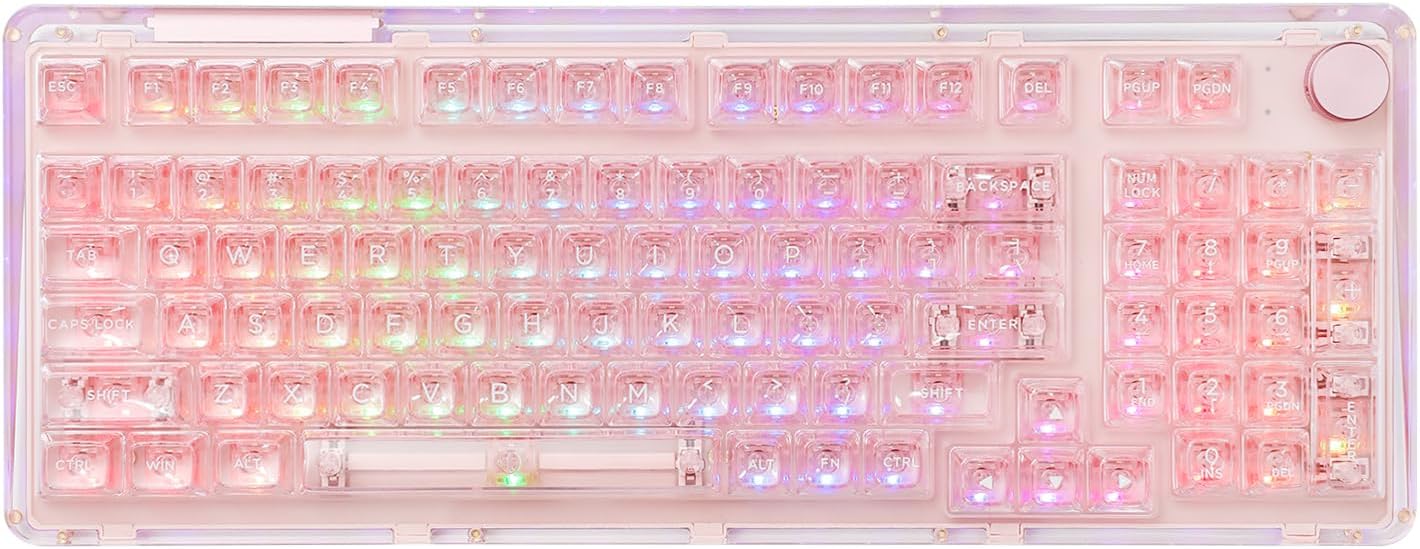 KiiBoom Phantom 98 ホットスワップ対応クリスタルガスケットマウントメカニカルキーボード、トリプルモードNKROゲーミングキーボード 南向きRGB クリアキーキャップ Win/Mac用8000mAhバッテリー