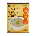 ファイン　カラダにやさしいごぼうスープ　LOHASOUP（ロハスープ）商品説明食物アレルギーを持つ方、添加物、動物性原料等、産地等、素材にこだわった製品を求める方のための、カラダの健康をいたわる自然派スープ。特徴●国産の野菜を使用し、ごぼう、じゃがいも、玉ねぎをブレンドしたほっこりやさしいお味のごぼうポタージュ。●アレルギー特定原材料等28品目、動物性原料不使用。●香料・着色料・化学調味料不使用。お召し上がり方（1）カップに1袋の中身を入れます。（2）熱湯130ml〜150ml程度を注ぎ、すぐによくかき混ぜてください。※調理または飲用時の熱湯によるやけどにご注意ください。注目成分[1袋(13g)中]アレルギー特定原材料28品目（卵・乳・小麦・そば・落花生・えび・かに・いか・あわび・いくら・さけ・さば・牛肉・豚肉・鶏肉・もも・キウイフルーツ・くるみ・オレンジ・りんご・やまいも・松茸・大豆・ゼラチン・バナナ）不使用動物性原料（牛、豚、鶏、魚）不使用着色料不使用化学調味料不使用香料不使用エネルギー46kcal、たんぱく質0.9g、脂質0.1g、炭水化物10.3g、食塩相当量0.9g名称乾燥スープ（ポタージュ）原材料名じゃがいもパウダー(国内製造)、ごぼう粉末、米粉、てん菜糖、塩、酵母エキスパウダー、たまねぎパウダー、有機白こしょう内容量65g(13g×5袋)保存方法高温多湿や直射日光を避け、涼しいところに保存してください。製造者ファインその他取扱上の注意卵・乳成分・小麦・えび・かに・オレンジ・カシューナッツ・キウイフルーツ・ごま・さけ・大豆・鶏肉・バナナ・豚肉・もも・やまいも・りんご・ゼラチン・アーモンドを含む製品と共通の設備で製造しています。分包開封後はお早めにお召し上がりください。製造ロットにより、味や色などに多少の変化がありますが、品質上、問題はありませんので安心してお召し上がりください。※賞味期限：容器／包装箱に記載※パッケージ・内容等は予告なく変更されることがあります。　