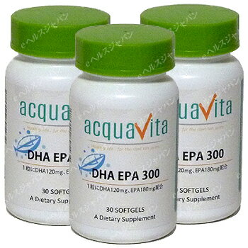 アクアヴィータ DHA・EPA300 30粒（アクアビータ・Acquavita）(3本セット) ／ACQUA特徴DHA(docosahexaenoic acid ドコサヘキサエン酸) とEPA(eicosapentaenoic acid エイコサペンタエン酸) は、魚油に多く含まれているオメガ3系多価不飽和脂肪酸です。1粒にDHAとEPAを300mgと高配合です。お召し上がり方1日1粒を目安に水などと一緒にお召し上がりください（30日分）。注目成分[1粒(1.40g)中]DHA120mgEPA180mgビタミンE(d-αトコフェロール)1IUエネルギー10.36kcal、たんぱく質0.26g、脂質0.92g、炭水化物0.15g、ナトリウム0.17mg名称魚油含有加工食品原材料名魚油、ゼラチン、グリセリン、ビタミンE（酸化防止剤）内容量42g(1.40g×30粒)保存方法直射日光、高温多湿のところを避けて保存してください。販売者ACQUAその他開封後はキャップをしっかりしめお早めにお召し上がりください。原材料を確認の上、食品アレルギーのあるか方はお召し上がりにならないでください。疾病などで治療中の方や妊娠中の方がご使用になる場合は事前に医師や薬剤師にご相談ください。※賞味期限：容器／包装箱に記載※広告文責:日本保健研究所 O8O*95O5*662O メーカー:ACQUA 米国製 区分:健康食品※パッケージ・内容等は予告なく変更されることがあります。〜 アクアヴィータ（Acquavita）はバイタルケアーズの正規後継商品です 〜【同梱区分:J】