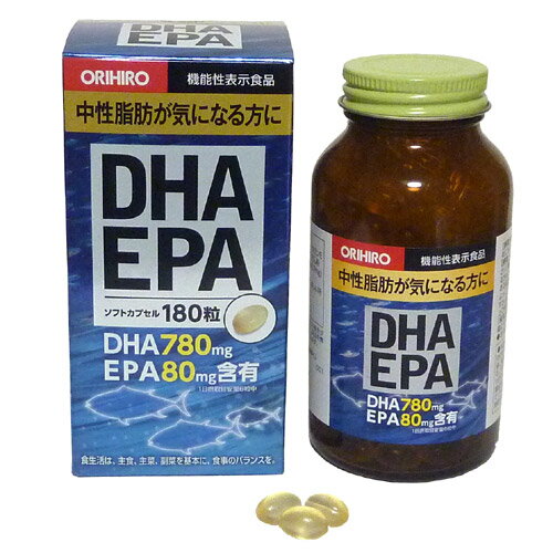 機能性表示食品DHA・EPA180粒／オリヒロプランデュ株式会社商品説明DHA・EPAを含む機能性表示食品です。中性脂肪が気になる方に。気になる魚臭はほとんどない、使いやすいソフトカプセルです。機能性表示食品(届出番号：A190)。お召し上がり方1日に6粒を目安に水またはお湯と共にお召し上がりください。(摂取上の注意)●1日の摂取目安量をお守りください。●原材料をご参照の上、食物アレルギーのある方はご利用を控えてください。●のどに違和感のある場合は水を多めに飲んでください。●商品によっては色や風味に違いがみられる場合がありますが、品質には問題ありません。●開封日を記入の上ご利用ください。注目成分[6粒中]DHA780mgEPA80mgDPA(ドコサペンタエン酸)18mgエネルギー22.5kcal、たんぱく質0.65g、脂質2.13g、炭水化物0.2g、ナトリウム0-0.01mg名称DHA・EPA含有精製魚油加工食品原材料名DHA・EPA含有精製魚油、ビタミンE含有植物油/ゼラチン、グリセリン、加工でん粉●栄養成分表示：製品6粒(6粒3066mg/ゼラチンカプセル含む)中内容量91.98g(511mg×180粒)保存方法直射日光、高温多湿をさけ、涼しい所で保存してください。【保管上の注意】●開封後はフタをしっかり締め外箱に入れて保存し、早めにお召し上がりください。●お子様の手の届かない所に保管してください。販売者オリヒロプランデュ株式会社その他【届出表示】本品にはDHA・EPAが含まれます。DHA・EPAには中性脂肪を低下させる機能が報告されています。【ご注意】●本品は、事業者の責任において特定の保健の目的が期待できる旨を表示するものとして、消費者庁長官に届出されたものです。ただし、特定保健用食品と異なり、消費者庁長官による個別審査を受けたものではありません。●本品は、疾病の診断、治療、予防を目的としたものではありません。●本品は、疾病に罹患している者、未成年者、妊産婦(妊娠を計画しているものを含む。)及び授乳婦を対象に開発された食品ではありません。●疾病に罹患している場合は医師に、医薬品を服用している場合は医師、薬剤師に相談してください。●体調に異変を感じた際は、速やかに摂取を中止し、医師に相談してください。●食生活は、主食、主菜、副菜を基本に、食事のバランスを。※賞味期限：容器／包装箱に記載※広告文責:日本保健研究所 O8O*95O5*662O メーカー:オリヒロプランデュ 日本製 区分:機能性表示食品※パッケージ・内容等は予告なく変更されることがあります。　