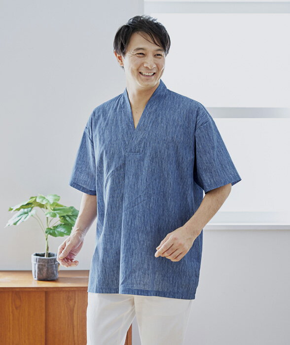 高島ちぢみ　涼感作務衣風シャツ for men 3L-4L 3