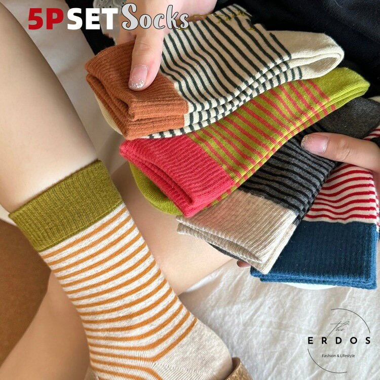 Rakuten - レディース 靴下 【送料無料】クルーソックス クルー ロング 5足セットボーダー ストライプ おしゃれ かわいい くつした 春夏秋冬