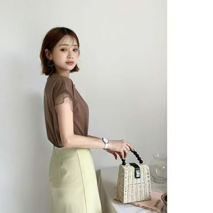 即納 メッシュスリーブTシャツ・全5色 レディーストップス Tシャツ 半袖 透け感 シースルー シアー 袖コンシャス メッシュ 単色 フェミニン フリルスリーブ 春 夏