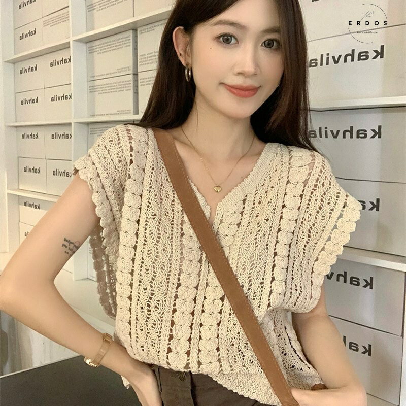 レディース トップス ベスト Vネック ニット サマーニット 透け感 透かし編み メッシュベスト 軽量 メ..