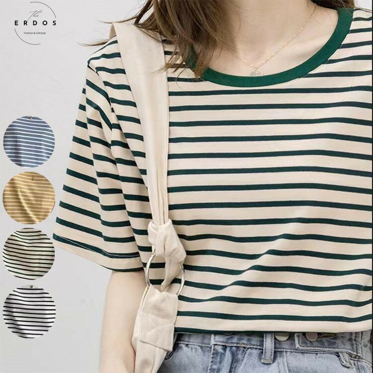 ボーダー Tシャツ ゆったり 半袖 レディース プルオーバー ラウンドネック 五分袖 トップス シンプル ナチュラル カジュアル