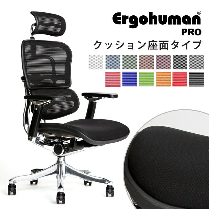 【完成品】エルゴヒューマン プロ / クッション座面タイプ（座カラー：ブラックのみ限定）/ ヘッドレスト付 【ヤマト家財便でお届け送料無料！】【開梱・搬入・設置無料です。】アルミベースヘッドレスト/高機能メッシュオフィスチェア/EGP