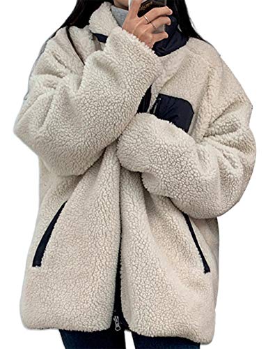 ボアブルゾン リバーシブル ボアジャケット ボアコート 2way アウター マウンテンパーカー フリースジャケット スタンドブルゾン もこもこ 防寒 ノーカラー レディース カジュアル 秋冬 (ホワイト, L)