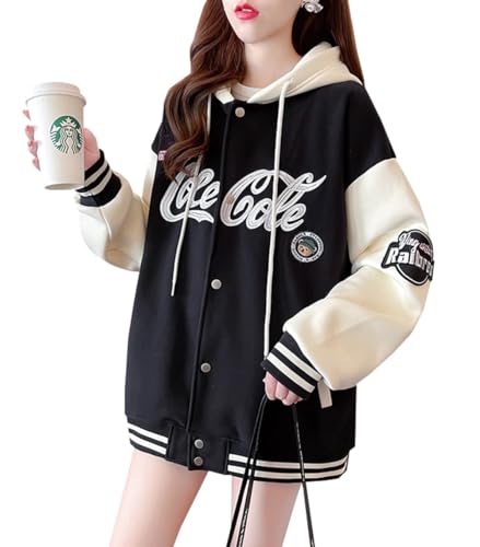 ボタン パーカー フード付き レディース ロゴ ジャケット 刺繍 アウター 春 秋 冬 薄手/厚手 春服 フードパーカー 配色スタジャン 学生 地雷系 服(Free Size薄手 黒)