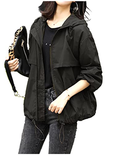 ウィンドブレーカー 撥水 フード ギャザー 雨具 レインウェア トップス ライトアウター レディース (02.L, ブラック)