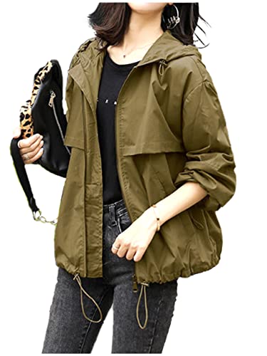 ウィンドブレーカー 撥水 フード ギャザー 雨具 レインウェア トップス ライトアウター レディース (02.L, カーキ)