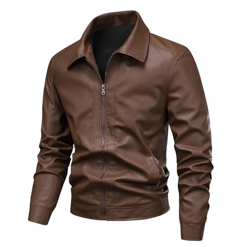 レザージャケット メンズ ライダースジャケット ジャケット 革ジャン バイク 大きいサイズ アウター 防寒 防風 春秋冬 かっこいい ブルゾン 無地 アウトドア 撥水(L ブラウン-襟付き)