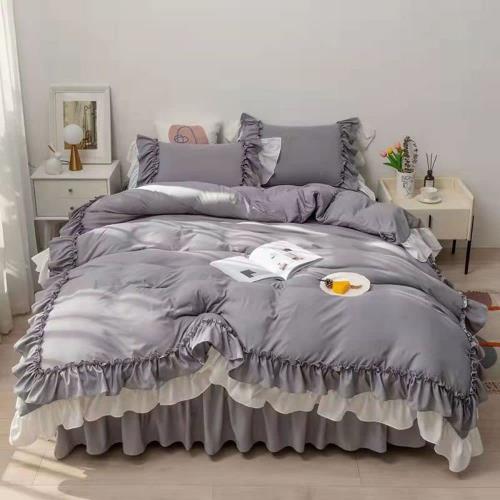 布団カバー シングル セミダブル ダブル 3/4点セット 布団カバー セット フリル 姫風 可愛い シングル掛け布団カバー ベッドスカート 枕カバー カバーシーツセット 肌に優しい フリル付きおしゃれ 北欧 ホテル 安心 清潔 丸洗いOK (グレー1, SDセミダブル-4点セット)