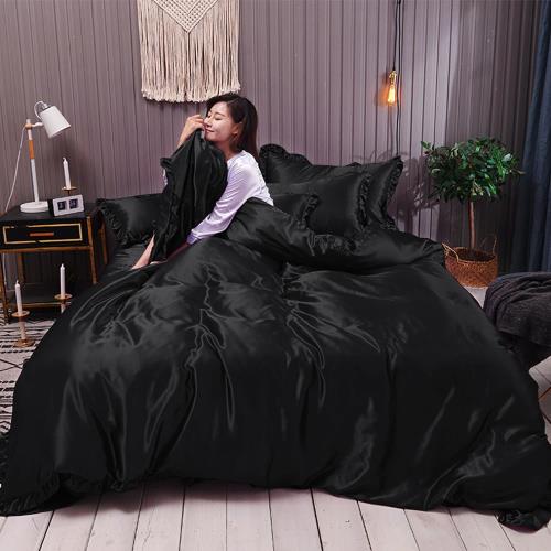 布団カバー セット シルクみたい艶 ツルツル 冷感 フリル 春夏 シングル セミダブル シルクレーヨン素材 ずれ防止 肌に優しい ボックスシーツ 寝具カバーセット 掛け布団カバー 通気性 無地 肌触り 柔らか 枕カバー 引越し新居 丸洗いOK (シングル-3点セット, ブラック)