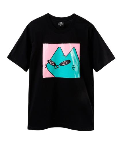 [Four leaf] TEE 猫 tシャツ おもしろ メンズ 半袖 夏服 面白い ビッグシルエット ティーシャツ ネコ ネタ プリント 猫柄 綿100 オリジナル 大きいサイズ 面白 カジュアル コットン トップス 白 黒 (JP, アルファベット, M, ブラック)