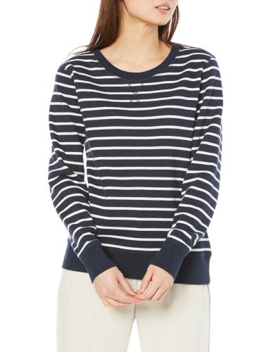 [ Essentials] プルオーバー スウェットシャツ クルーネック 裏起毛 レディース ネイビー ホワイト ストライプ M