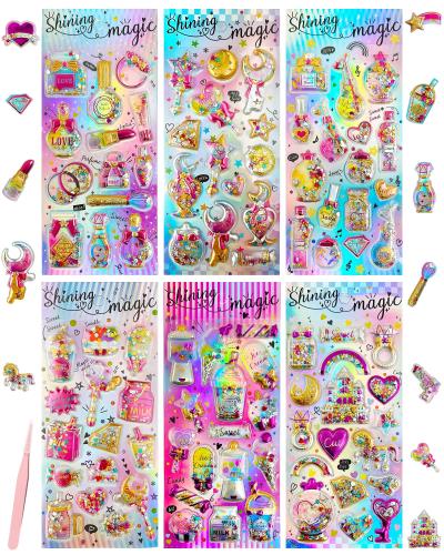 GOKEI キラキラシール6枚グリッター シャカシャカ 立体ステッカー カプセル ごほうび 光沢感 かわいい 手帳 手紙 封筒 ノート 落書き帳 アルバム カレンダー デコレーション ラッピング プレゼント 景品 オシャレ 全6種 6枚セット-スタイルA