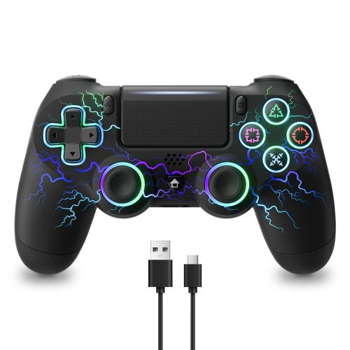 PS4 プラコン「イナヅマ」第 2 世代は、背键機能を追加し、Typ-c有線・無線接続をより安定させ、ボタン素材の耐久性をアップグレードするとともに機能を全面的に強化し、ゲーム体験を高めています。PS4/PC(Win7/8/8.1/10)/Android/iOS/Steamに使用できるワイヤレスコントローラーです。ケーブルが邪魔にならず、ゲーム機やモニターから離れて使用できる無線接続タイプで、ケーブルを繋げば有線タイプとしても使用できます。ご注意：初回登録はUSBケーブルによる有線接続を利用してください。 ホール効果スティック最新のホール効果スティックを採用したので、正確かつ滑らかなスティック操作が可能になります。スティック内部のセンサー部分がホコリによる影響を受けにくいため、従来スティックよりも耐久性に優れています。 オリジナルなRGBデザインお洒落なRGB効果を搭載したPS4コントローラーです。計9種類の色と7種類のモードがあり、気分に合わせて自由自在に設定できます。お気に入りのカラー1色に固定した「単色モード」や、LEDのカラーが徐々に変わっていく「呼吸モード」など、自分好みに設定できます。 大容量バッテりージャイロセンサー1000mAh大容量バッテリーを搭載したPS4コントローラーです。同梱のUSB ケーブルを利用し、2-4時間だけでフル充電できます。フル充電の場合、10時間の連続使用が可能です。ジャイロセンサー搭載し、手首の振り・傾きをリアルタイム捕捉し、ゲームの臨場感を高めます。 TURBO連射機能便利な連射機能を搭載したワイヤレスコントローラーです。ボタンを押している間だけ連射状態になる長押し連射に加え、ボタンを押し続けなくても連射状態が保持される「連射ホールド」も設定でき、お好みの状態に切り替えて使用できます。 また、連射速度も3段階の微調整ができます。 臨場感あふれるゲーム体験ダブル振動機能と6軸ジャイロセンサーを搭載したワイヤレスコントローラーです。ゲーム内の出来事やアクションに合わせて振動することで没入感が高まります。 箱のサイズ17 × 7.2 × 11.5 cm