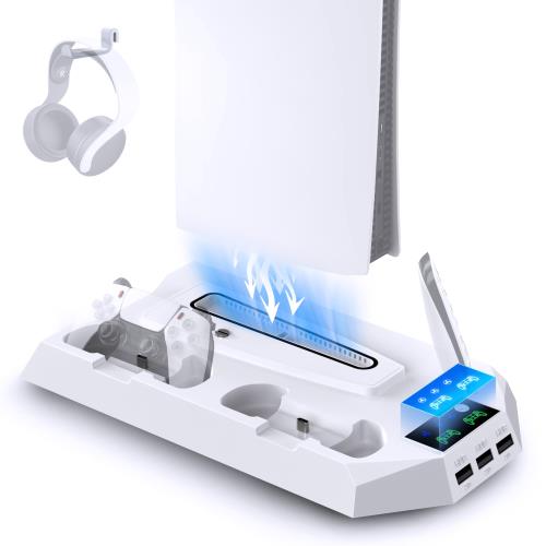 PS5 Pro/PS5/PS5 Slim機種対応この多機能冷却 充電スタンド はPS5 Pro/PS5/PS5 Slim対応にできます。このps5 縦置きスタンド は、PS5 Pro/PS5 Slim/PPS5 通常版とデジタル版ゲーム機向けに設計されています。スムーズなゲーム体験をもたらすように設計された 冷却スタンド です。パッケージ内容：1xPS5/PS5 Pro/PS5 Slim用多機能 スタンド、1xPS 5 デジタル/ディスクパネル、1xフレーム、1Xネジ、 1xヘッドセットホルダー、 1x取り扱い説明書。ご注意：これは商品ではありません。あらかじめご了承ください。 PS5 コントローラー PS Portal 3台同時充電スタンド ps5 スタンドはPS5本体放熱、二つコントローラーとPS Portal リモートプレーヤー 同時充電可能。また、3つのUSB充電ポートを搭載しており、PS5周辺機器を同時に充電できるため、プレイしながら充電でき、ゲーム体験がよりスムーズになります。ps5 pro充電スタンドは充電時間は約3～4時間で、コントローラーを素早く効率的にパワーアップできます。LED充電指示ランプにより、充電状態を一目で確認することができます。赤いライトは充電中を示しています、緑ライトはスタンバイ/充電完了を示します。　 3段階風速調整の冷却ファンこのps5 縦置きスタンド 、高速冷却ファン内蔵され、 強力な放熱により、コンソールの内部熱を素早く排出します。3段階（高、中、低）に調節可能なターボ冷却ファンを内蔵し、3000/3500/4000 RPMの回転数を実現。放熱効果を高め、長時間のゲームプレイでもPS5を効率よく冷却します。PS5コンソールを効果的に冷却し、動作寿命を延ばします。ps5 冷却ファン は静音冷却により、より安定した滑らかなゲーム体験を楽しむことができます。 コンパクト収納PS5縦置きスタンドは収納が便利で、省スペースで、デスクトップがスッキリします。PS5ゲームスタンドは、コントローラー2台・PS5本体・リモコン・ヘッドセットをまとめて収納可能。さらに3つのUSBポートを装備し、マウスやヘッドホンなどの周辺機器の充電や接続に便利です。PS5スタンドはお手入れも簡単。汚れが気になる時は、乾いた布で軽く拭くだけでOKです。この冷却スタンドは軽量で多用途に使えるため、PS5 ゲーム愛好家に最適です。 信頼できる品質弊社のPS5 スタンドはP5コンソールの温度を効果的に下げ、コンソールのパフォーマンスを向上させ、消費電力を削減します。多くのゲーマーにとって、これはPS5ゲームの周辺機器を保管する絶好のプレゼントでもある。弊社の冷却スタンドは安全ネジで設計されており、コンソールを垂直に固定することができ、PS5 充電スタンドの信頼できる品となります。弊社の商品は一年保証があります。ご不明な点がございましたら、直接お問い合わせください。ご満足いただけるアフターサービスを提供いたします。