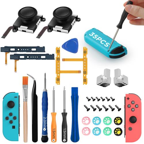 🎮Switch交換用パーツ全て揃え♪～switch ジョイコン スティック*2個、SR SL キーボタン フレックスケーブル*2個、ライトケーブル*2個、バックルロック*2個、Switchアシストキャップ*8個。必要な修理ツール付きY字ドライバー1.5mm、+字ドライバー1.5mm、予備ネジ（Y字ネジ6個、 +字ネジ6個）、開けシール、ピンセット、清潔ブラシ、バッテリー取りツール。（※ジョイコン本体は含まれません） 🎮switchスティックを安く簡単に修理♪～「スティックが勝手に動く」「反応ガ悪くなってきた」「ゴムカバーが取れた」などのスティックの不具合を自分で修理できます。本交換用スティックは通電性の高いケーブルを採用し、操作性が良いです。（左右通用） 🎮SL/SRボタンとLEDの問題を安く簡単に解決♪～「SR/SLボタンが動作しない」「シンクロボタンが反応しない」「LEDが光らない」なとの悩みがありませんか？本製品の交換用SR/SLボタン・フレックスケーブルも自分で交換でき、以上の不具合を修理できます。 🎮スライドレールの問題を安く簡単に解決♪～「ジョイコンが充電されない」「本体から外したらジョイコンが動かない」「ジョイコンが認識されない」なとの悩みがありませんか？交換用のスライドレールも自分で交換でき、以上の不具合を修理できます。 🎮バックルロックの問題を安く簡単に解決♪～「グリップや本体に取り付ける時に、Joy-conがしっかり差しているのに抜けてしまうようになる」という悩みがありませんか？本交換用ジョイコンのバックルロックはアルミ合金製で、元のプラスチック製パーツに比べて、耐久性や耐磨耗性に優れています。 🎮Y字ドライバー2本1.5mmのY字ドライバーを使ってネジ穴が舐める場合が発生すれば、2.0mmのY字ドライバーをご利用ください。
