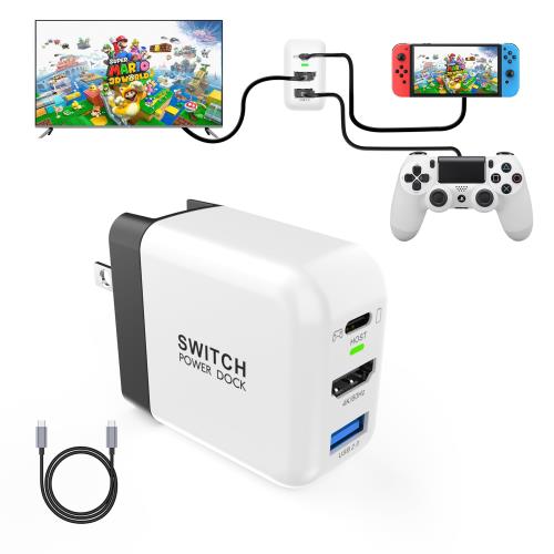 SwitchドックとACアダプターの合体三つの接続端子（Type-Cポート、HDMIポート、USB2.0ポート）を含んで、多機能アダプターです。 Switchドックの機能とSwitch ACアダプター充電機能を併用したこの一つ製品に凝縮。他の充電ドックとアダプターを購入せずに、本製品でコンセントに繋ぐと充電しながら画面が自由自在に切り替えてゲームを楽しめます。テーブルモードの場合、充電しながらゲームができ、テレビモートの場合、大画面でみんなとゲームを体験できます。 Type-C急速充電、大パワー対応Switchに充電だけなく、パソコン、Switch有機EL/switch lite/スマートフォン/タブレット等Type-C対応してるデバイスにも充電可能です。（ご注意：安全性、充電効果のため、付属のType-cゲーブルをご使用ください。）様々な機種に対応して、仕事や外出時たくさんの重いの充電器が要りません。 4K60Hz高解像出力＆USB2.0データ転送本製品は4K、1080P、720P解像度に対応できます。過去より丈夫で安定した芯線を採用し、信号損失率20%減少・鮮明度30%増加・伝送スピード10Gbpsに優れます。接続するだけで簡単に使え、高画質の大画面で映画、ゲームをより良い楽しめます。4Kに対応したPCと接続した際に、最大で4K/60Hzの映像出力機能を搭載。Macbookや4Kに対応しているPCを大型ディスプレイに綺麗に映し出せます。USB 2.0ポートは、周辺機器（ゲームパッド、ポータブルハードディスク、USBメモリ、マウス、キーボード、クーラー、USBファン、プリンター）の接続にも使用可能です。 コンパクト・軽量Switch ドックの機能がポケットサイズに凝縮。従来のSwitch ドックに備わっている機能をそのままに、サイズだけを三分の一に凝縮した持ち運びがとても便利な製品です。サイズが65×60×27mm、重量95gと超軽量。コンセントに差し込むプラグは本体に収納出来ますので、パケットに入る大きさで、カバンに入れても引っかかりません。AC100-240V/1A Maxの入力電圧対応、海外旅行・出張する場合、目的先のプラグを付けると安心でご利用いただけます。 PSE認証済、保護機能搭載過電流保護、過熱保護、 過電圧保護、短絡保護の自動制御装置を採用します。長時間、安心してゲームをお楽しみになれます。データの転送などの動作に影響を与えられない正常範囲内の発熱ですので、ご安心に利用ください。安心品質保証商品到着後、不具合がございました場合、弊社とご連絡ください。無条件に交換または全額返金をいたします。