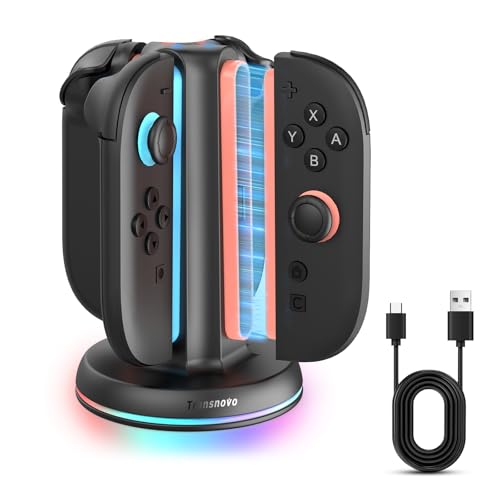 ⚡4in1急速充電機能2.5hで4本のSwitch 2ジョイコン用コントローラーを同時に充電できます。従来のドックより30%高速です。家族や友達と遊ぶ時、充電器を待つ必要はありません。置くだけですぐに充電されます。とてもスマートです。パーティーゲーム、家族での多人数プレイ、ゲーム共有のセットアップに最適（ご注意：USB-Cケーブル付属、本体は付属しません）。 🧲磁気吸着・任意角度この充電スタンドはマグネット式設計を採用しており、ワンクリックでシームレスにフィットします。簡単着脱できる。左右や上下を気にする必要がなく、4つの充電スロットは色や方向を合わせなくてもどの方向にでも挿入できます。区別する時間を節約し、より良いゲーム体験を提供し、非常に使いやすい。本体の質感はマット調のブラックで、他のアクセサリとも相性が良いです。違和感がありません。シンプルでカッコいい。 💡充電指示LED・9つのRGB各ポートに独立した LED ライトを搭載。Joy Padを充電用のスロットに挿入するだけで、指示ランプが点灯します。アイドル或は充電完了はブルー、充電中はオレンジ色で、充電状況が一目でわかります。また、ステーション上部はワンタッチで9種類のRGBライトを切り替えることができ、ゲーミング環境を少し華やかにしてくれます。お好みの雰囲気に調整できます（3秒間長押しするとRGBライトが切れます）。 ⭐安全と充電保護システムは過充、過压、過熱、短絡に対する保護を提供し、強力で安全な充電を保証します。上記の状況が発生すると、インジケータライトがすぐにブルーに変わります。充電が完了すると過充電を防ぐために自動的に電源が切れます。多重保護メカニズムにより充電の安全性が確保するだけでなく、バッテリーの寿命が大幅に延長され、交換頻度が低減されます。夜中に眠っているときでもハンドルを保護します。 ❤2年間の長期保証付きTRANSNOVOは2年間の長期保証を提供し、週末や休日も含め24時間以内にメールに返信します。ご購入にあたりご不明点等がございましたら、お気軽にお問い合わせください。パッケージ内容：1*ジョイコン 2 充電器、1*充電ケーブル、1*日本語取扱説明書。