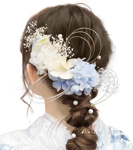 [Baramoly] 髪飾り 成人式 和装小物 卒業式 結婚式 和装 着物 袴 振袖 プリザーブドフラワー かすみ草 あじさい ヘアアクセサリー 水引 専用ケース付き ZZ303 藍 ブルー