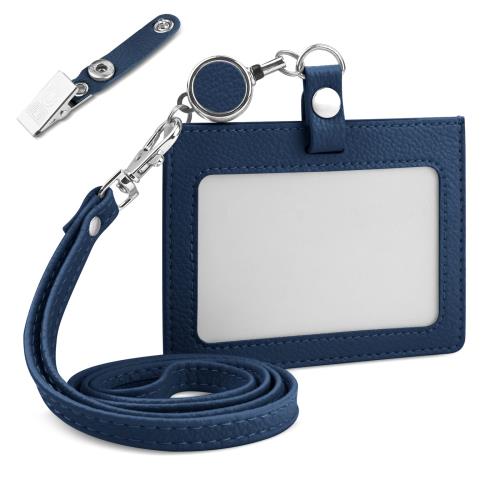 Dockii IDカードホルダー 横型 IDカードケース 社員証ケース メンズ ネックストラップ クリップストラップ付き カードケース 首掛け 両面用 伸縮リール式 カード3枚収納 ネームホルダー 社員証 定期入れ 名刺 名札 パスケース(ブルー)