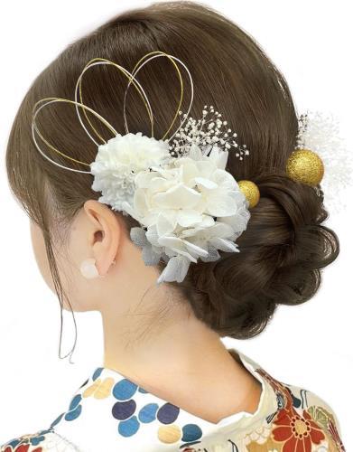 [JZOON] 全12色 浴衣 髪飾り 成人式 袴 卒業式 和服 和装 着物 ドライフラワー ピンポンママ 紫陽花 かすみ草 金色の玉 水引 花火大会 お祭り 白 B7005