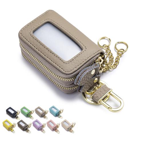 [Amzbag] キーケース レディース 本革 キーケース 車 スマートキー対応 2個収納 透明窓付き 360°回転カラビナ 2本のキーチェーン キーホルダー 多機能 コンパクト 防水 おしゃれ ギフト key case (グレー)