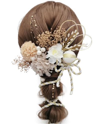 [JZOON] 髪飾り ヘアアクセサリー ドライフラワー 紫陽花 カスミソウ ピンポンマム 真珠の穂先 パール 水引 和玉 組紐 金箔 結婚式 入学式 卒業式 成人式 花火大会 着物 浴衣 袴 振袖 洋服 上品 華やか キラキラ 立体感 おしゃれ カーキ Y4402