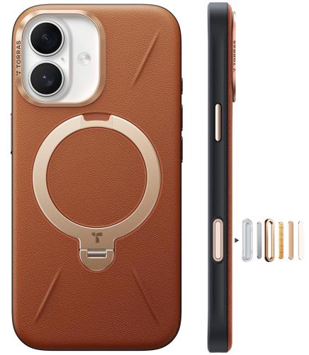 TORRAS iPhone 17 用 ケース新感覚レザー・スキンタッチOstand Q3 レザートーン MagSafe対応 リング スタンド 360°定点回転 縦横両対応 マグネット搭載 革 カメラコントロールボタン 米軍規格 耐衝撃 指紋防止 アンバー・ブラウン