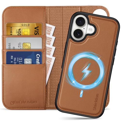 SHIELDON iPhone17 対応 手帳型ケース 2in1分離式 本革レザー 6.3インチ 5G カード収納 [RFIDブロッキング] 取り外し自由 カバー単体ワイヤレス充電可 横置きスタンド機能 ストラップ穴付き 衝撃吸収 アイホン17対応 スマホケース 2025年発売 2-in-1分離式 サドルブラウン