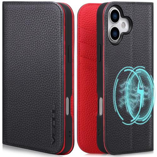 VISOUL iPhone 17 対応 ケース 手帳型 本革 アイフォン17 手帳型ケース MagSafe対応 スマホケース レザー カード収納 携帯カバー 横置きスタンド機能付き マグネット式 全面保護 柔軟なTPU素材 アイホン17 ブラック・レッド