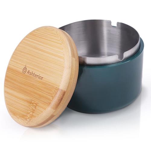Ashterior ステンレス × 木製× PP の機能的融合 ふた付き 灰皿 大容量 卓上 屋外 にも アッシュテリア (ギニ・グリーン)