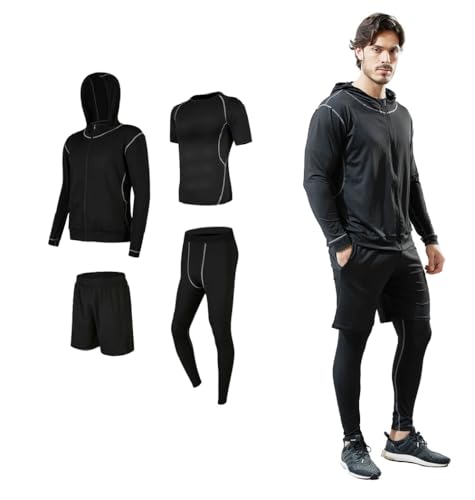 [Sokure] メンズ コンプレッションウェア上下セット 無地シンプル トレーニングウェア パーカー 半袖Tシャツ ハーフパンツ タイツ (XL, ブラック)