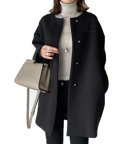 [Fosys] チェスターコート ロングコート レディース ノーカラー 秋冬 大きいサイズ 無地 上品 おしゃれ 韓国ファッション (JP, アルファベット, XL, ブラック)
