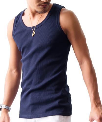 [JIGGYS SHOP] ジギーズショップ テレコ タンクトップ 2XL XXL ネイビー｜メンズ トップス 無地 白 黒 紺 伸縮性 テレコタンク ノースリーブ 夏 コットン ポリエステル