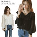 ブラウス vネック レース 透け感 レディース トップス ドット 無地 フリル 可愛い 長袖 プルオーバー シャツ 透かし シフォン 送料無料 春秋 パフスリーブ ボリューム袖 ガーリー
