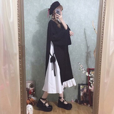 大人可愛い♪ ニットワンピース 異素材 切り替え バイカラー ワンピース 長袖 ゆったり 体型カバー ロリータ フリル マタニティ 重ね着 大きいサイズ