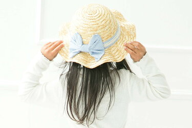 麦わら帽子キッズ子供女の子青リボン通気性可愛いかわいい春夏人気