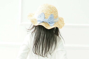 麦わら帽子キッズ子供女の子青リボン通気性可愛いかわいい春夏人気