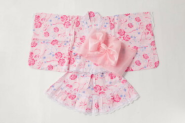 小紅梅生地浴衣ドレスバラ×リボン柄浴衣ドレス帯付き浴衣ドレス2点セット【3歳〜10歳各サイズ】【宅急便で送付】