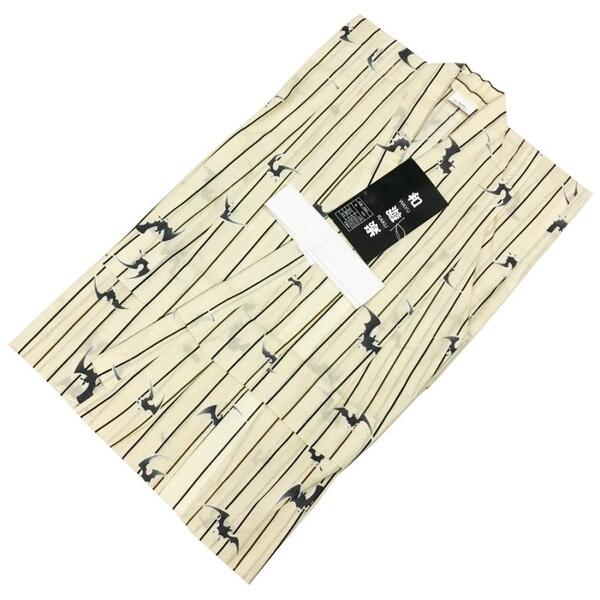 浴衣 子供 No.36 クリーム色 鳥の子色 コウモリ 縞柄 男の子 100cm 訳あり商品 【cp】