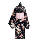 子供 女の子 浴衣 兵児帯 セット No.72 黒 花 ゆかた 110cm 肩上げ・腰上げ済み 腰紐付き 在庫処分品 【COM/LE】