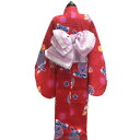 浴衣 兵児帯セット 女の子 子供 No.bb 赤 トンボ柄 鹿の子柄 ゆかた 110cm 在庫処分品 肩上げ・腰上げ済み 腰紐付き 簡単着付け 【COM/LE】