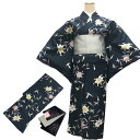 着物 半幅帯 2点 セット No.27 女性 小紋 袷 Mサイズ 暗い濃藍 百合 黒 グレー むじな菊 花火 ポリエステル 合繊 在庫処分品 【宅配便】